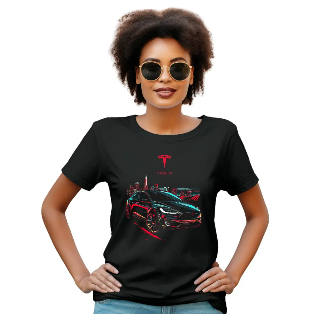 Urban Elegance: Tesla Model X in the City T-Shirt - Black Threadz