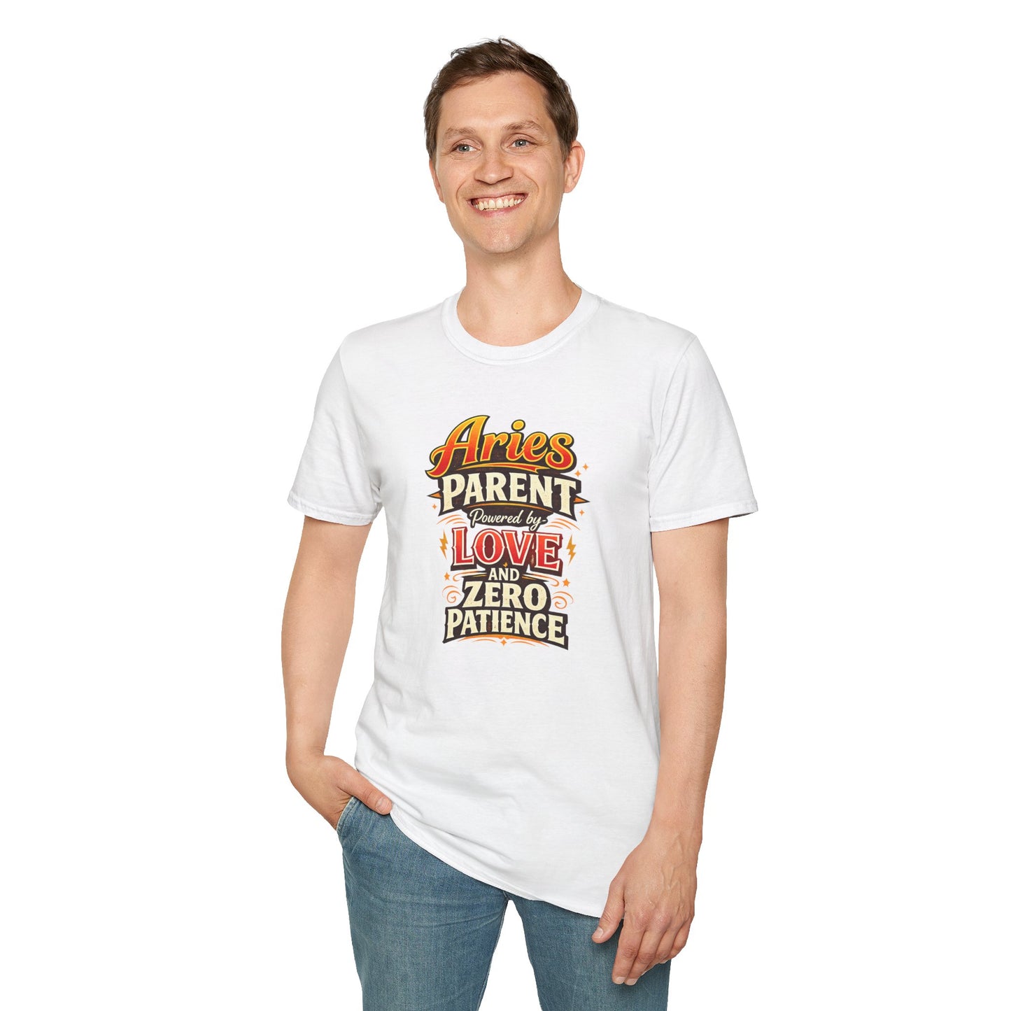 Aries Parent T-Shirt – Powered by Love & Zero Patience Funny Zodiac Mom Dad Tee | Bold Aries Personality Shirt | Astrology Gift