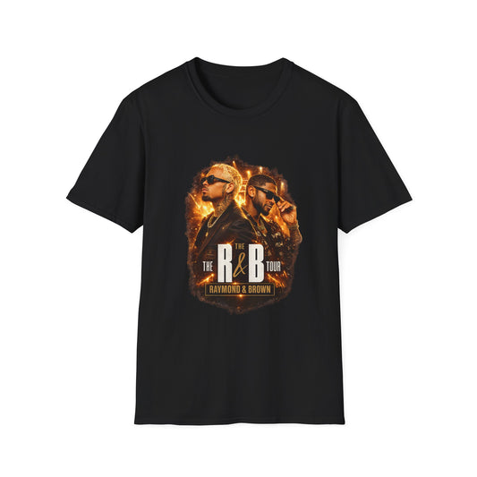 Premium R&B Tour Raymond & Brown concert t-shirt featuring two male R&B performers with neon stage lighting, urban streetwear design, bold “The R&B Tour” typography, perfect fan merch for live music concert outfit