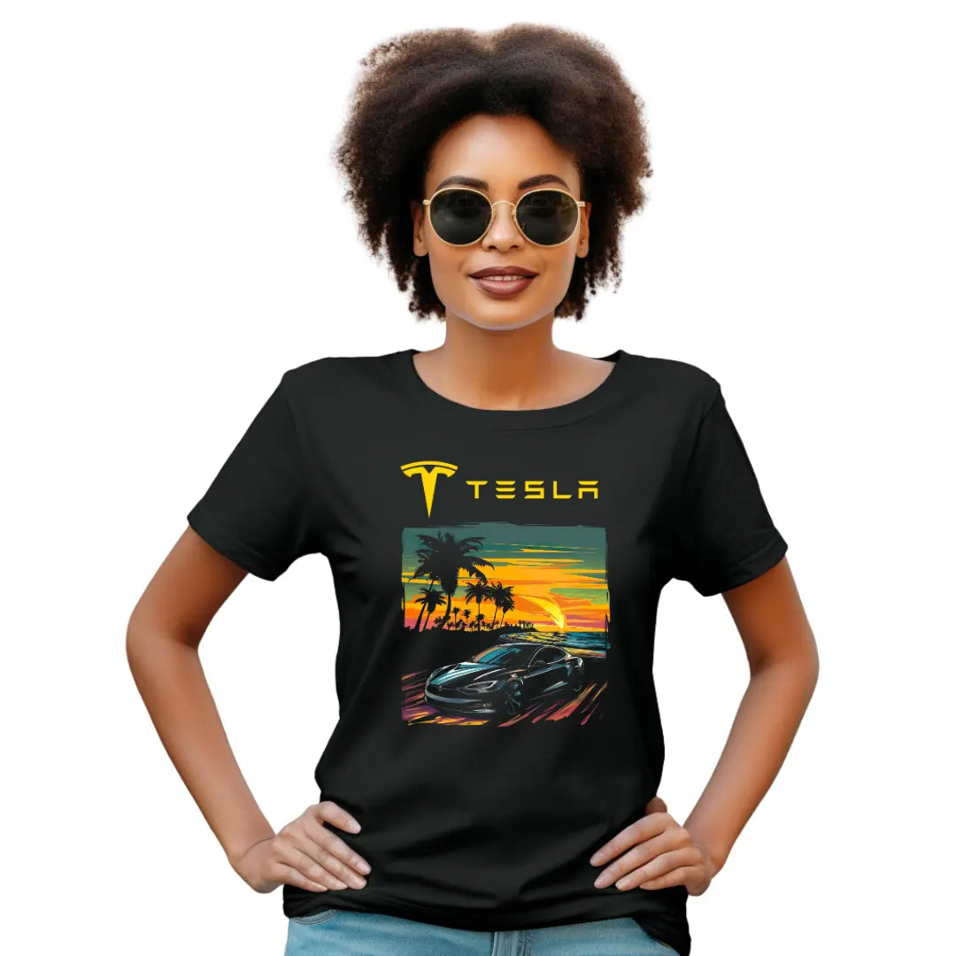 Tesla Model S Beach Vibes T-Shirt - Black Threadz