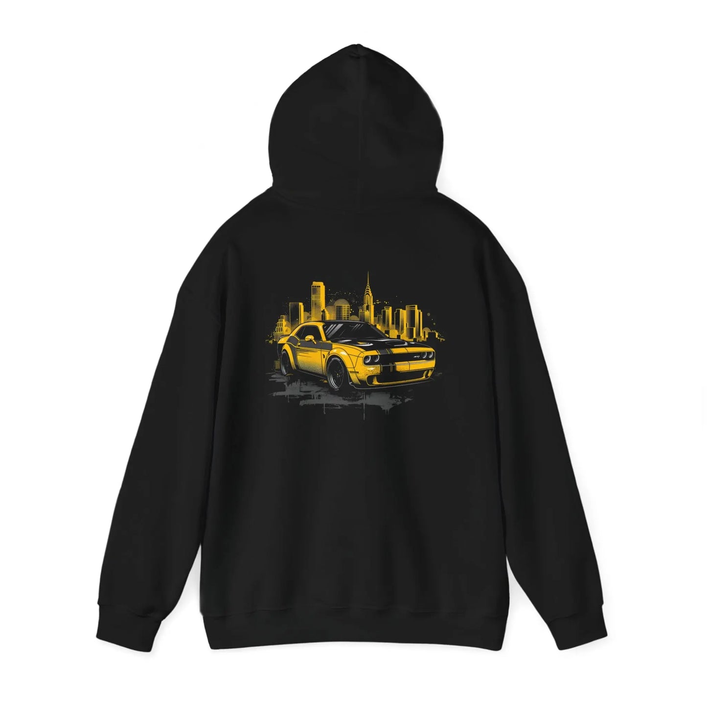 Urban Elegance: Yellow Dodge Challenger Cityscape Black Hoodie - Black Threadz