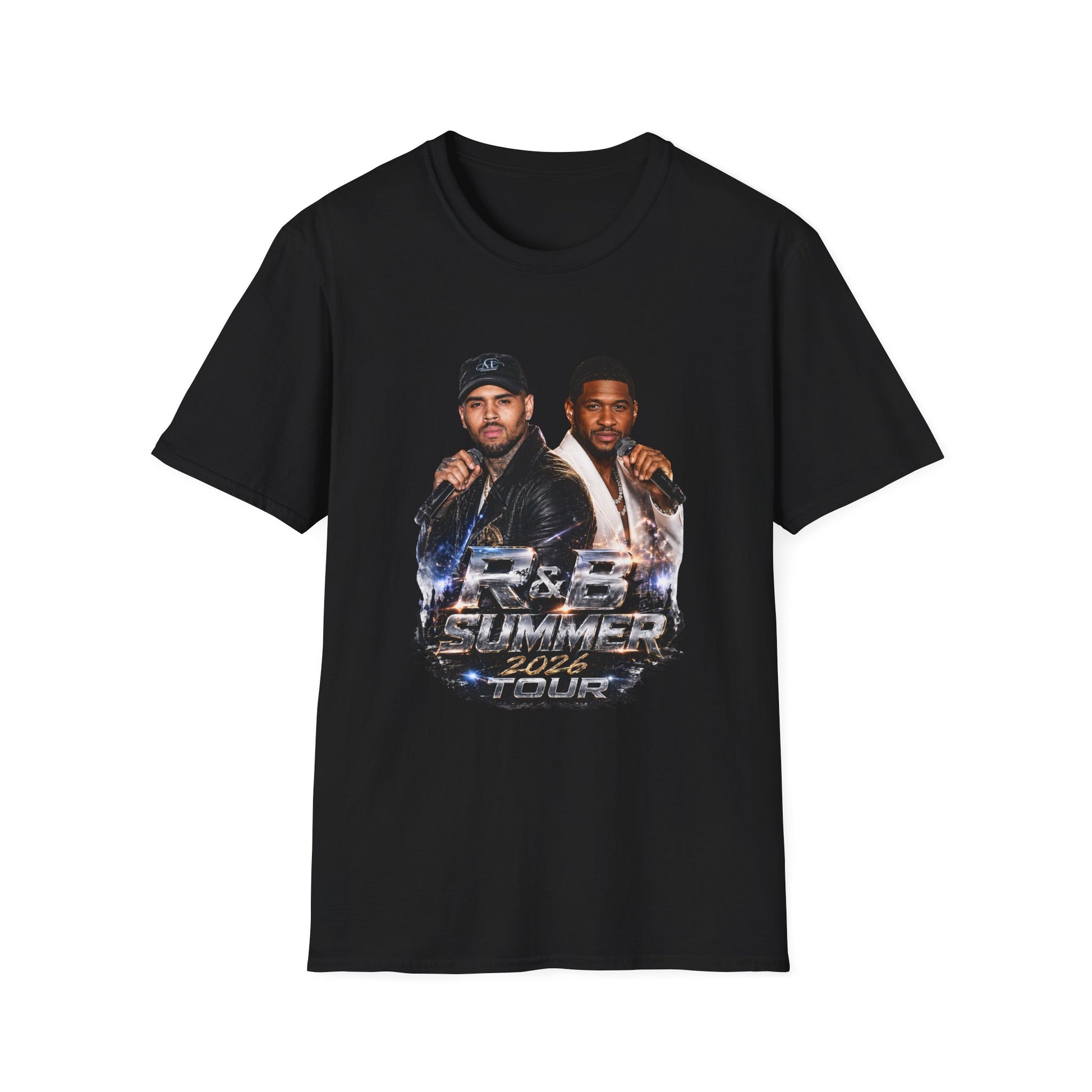 R&B Tour Raymond & Brown graphic tee with modern urban design, dramatic stage lighting, and premium concert merch feel