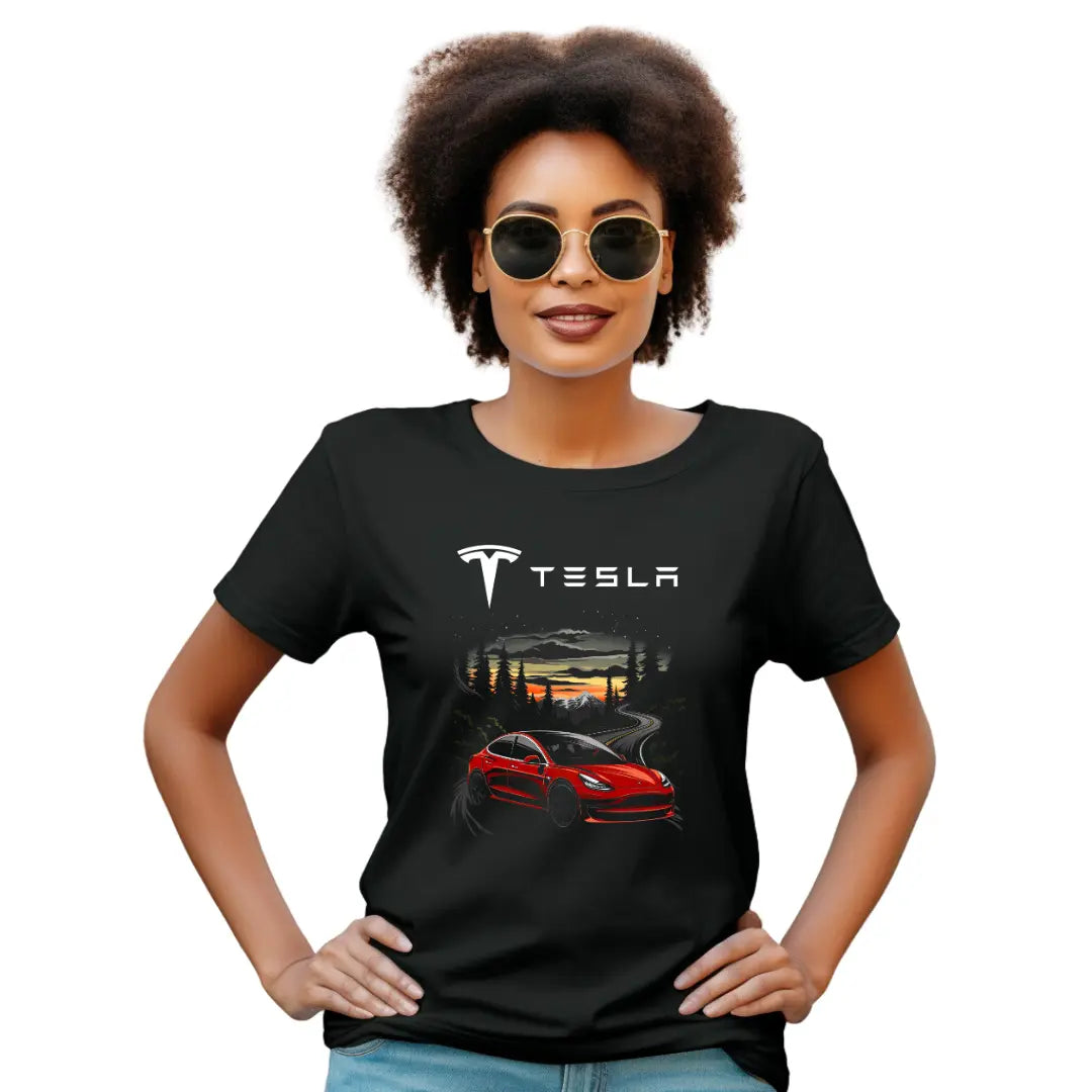 Sustainable Serenity: Tesla Model 3 in the Countryside T-Shirt - Black Threadz