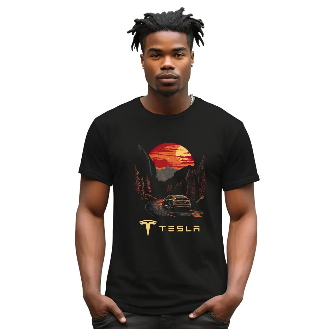 Sustainable Adventure: Tesla Model X in the Countryside T-shirt - Black Threadz