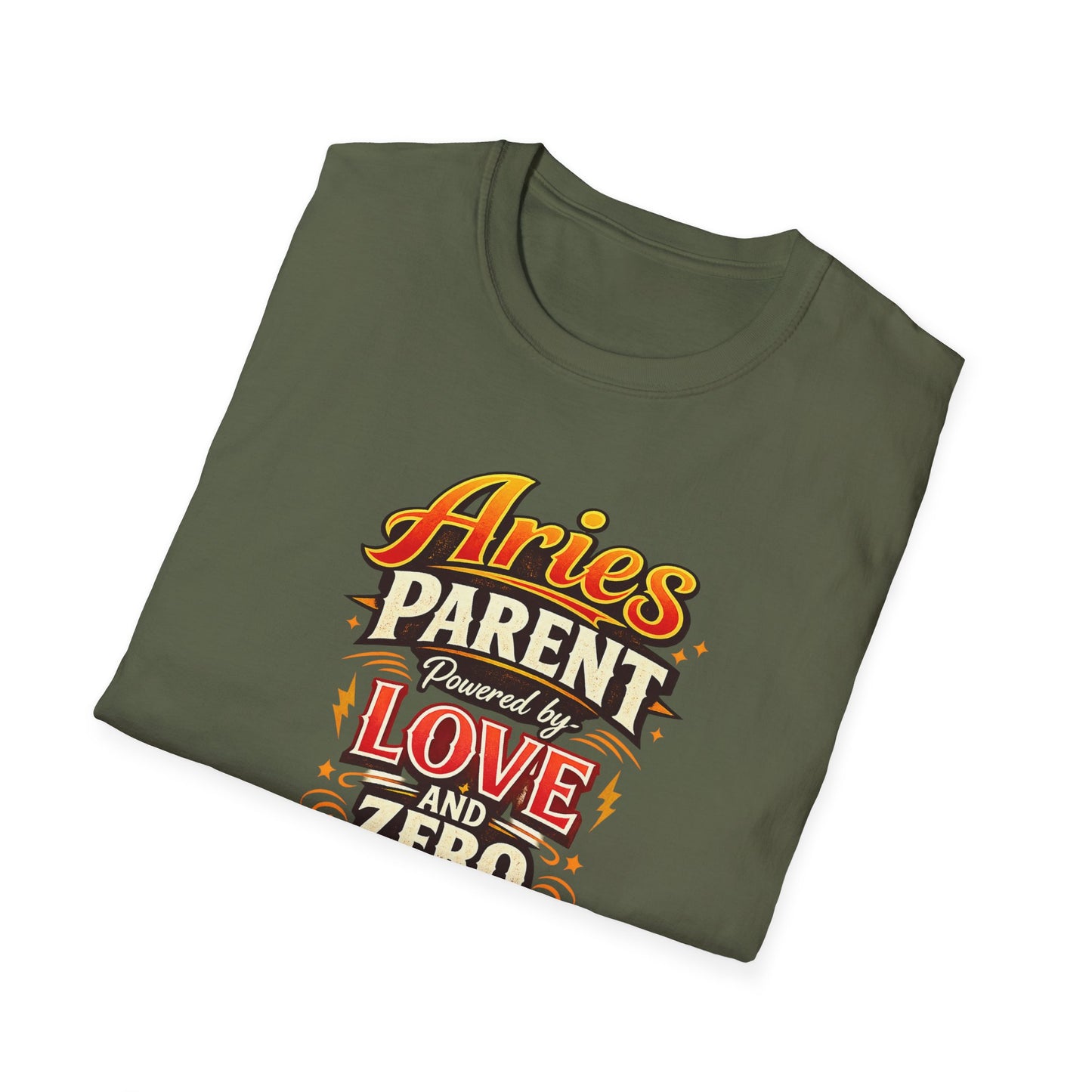 Aries Parent T-Shirt – Powered by Love & Zero Patience Funny Zodiac Mom Dad Tee | Bold Aries Personality Shirt | Astrology Gift