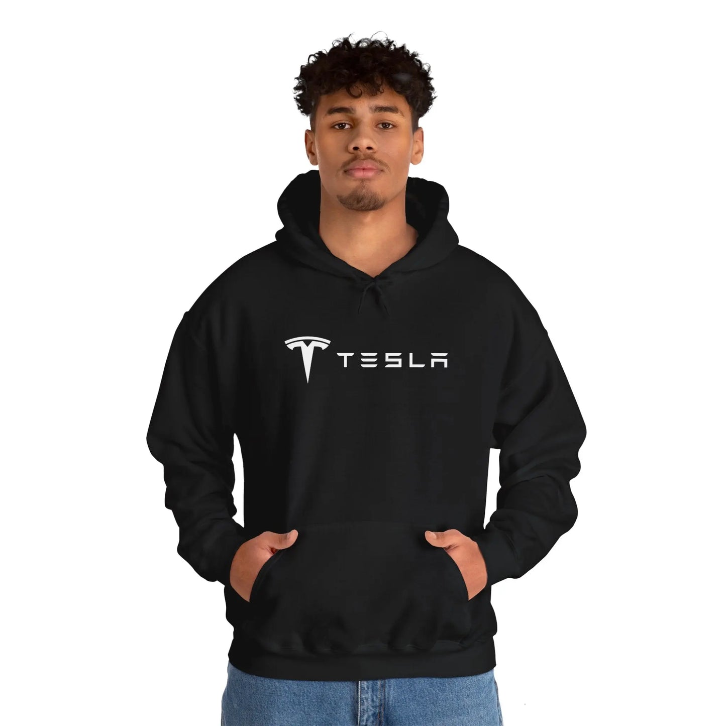 Urban Elegance: Tesla Model 3 Cityscape Black Hoodie - Black Threadz