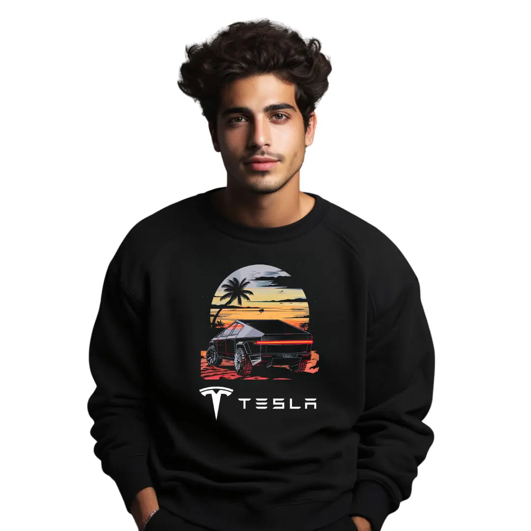 Cybertruck on the Beach Sweatshirt - Premium Black Top with Electric Vehicle Design - Black Threadz