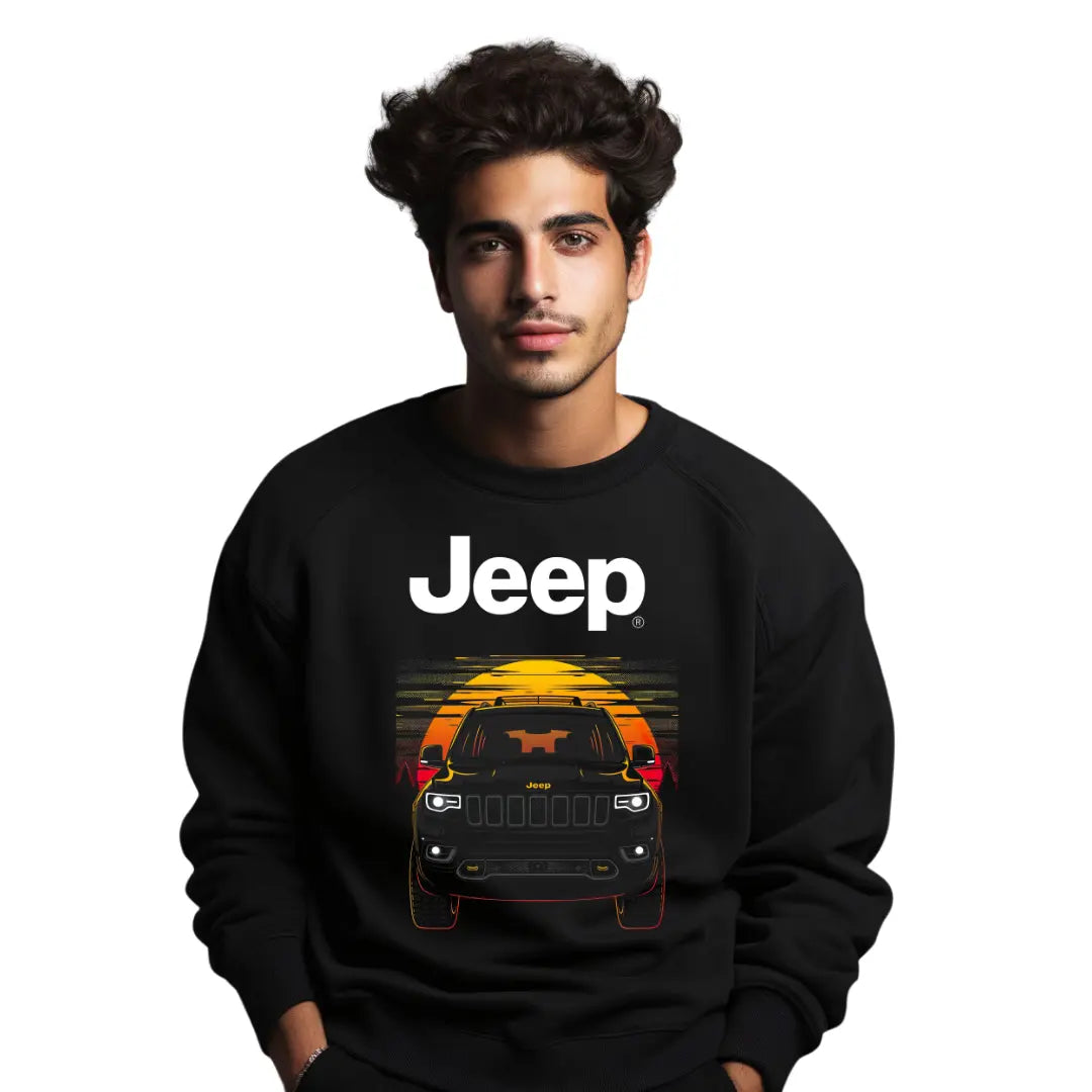 Grand Cherokee Sunset Silhouette Premium Black Sweatshirt with Iconic Off-Road Vehicle Design" - Black Threadz