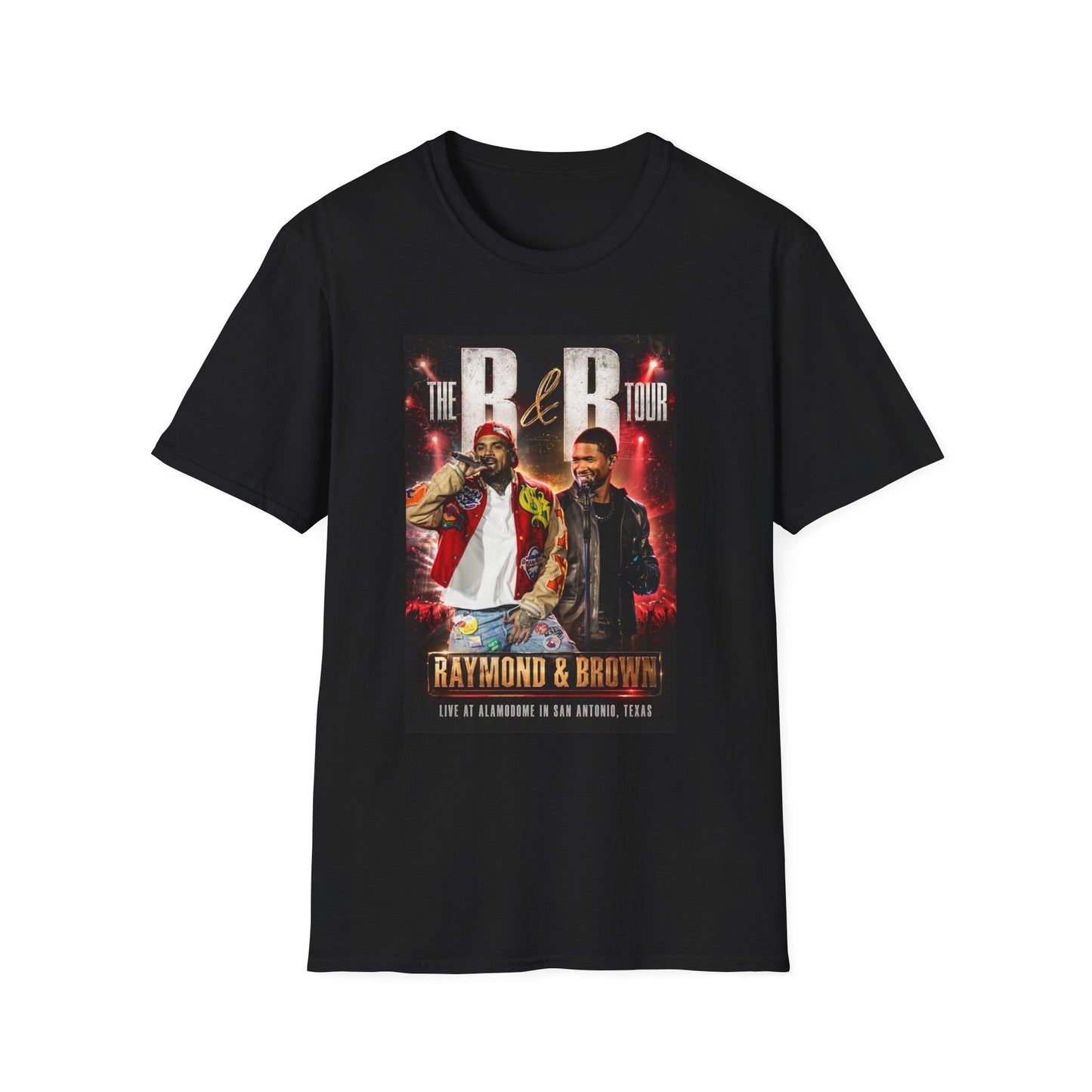 R&B Tour Raymond & Brown San Antonio concert t-shirt featuring two male R&B performers with neon stage lighting, bold urban streetwear design, and premium fan merch for San Antonio concert attendees