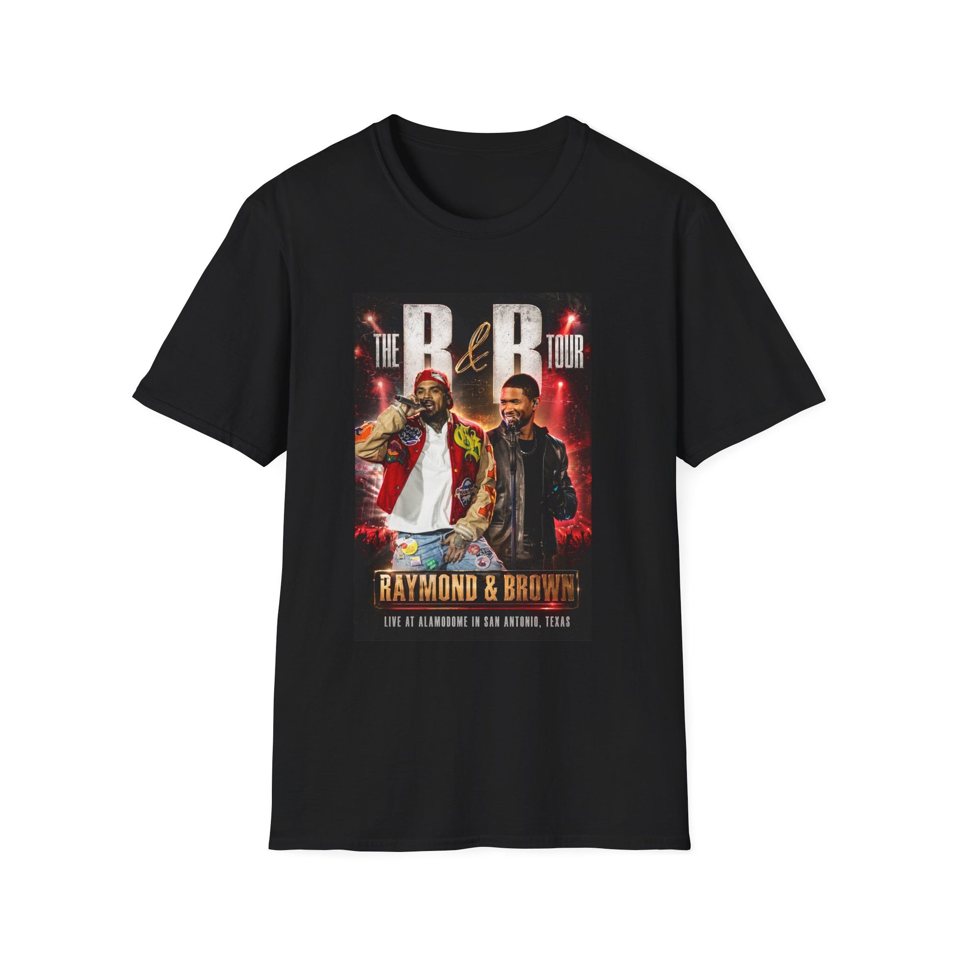 R&B Tour Raymond & Brown San Antonio concert t-shirt featuring two male R&B performers with neon stage lighting, bold urban streetwear design, and premium fan merch for San Antonio concert attendees