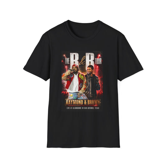R&B Tour Raymond & Brown San Antonio concert t-shirt featuring two male R&B performers with neon stage lighting, bold urban streetwear design, and premium fan merch for San Antonio concert attendees