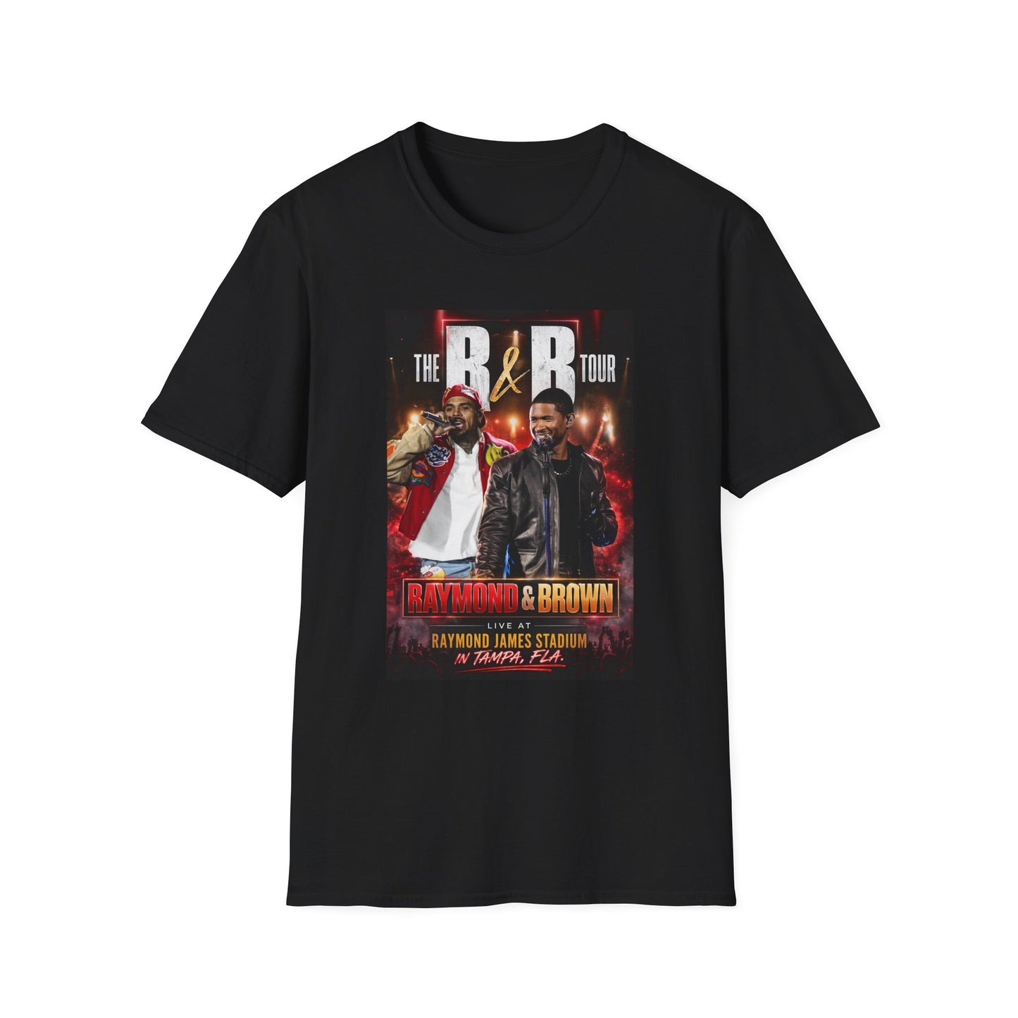 R&B Tour Raymond & Brown Tampa concert t-shirt featuring two male R&B performers with neon stage lighting, bold urban streetwear design, and premium fan merch for Tampa concert attendees