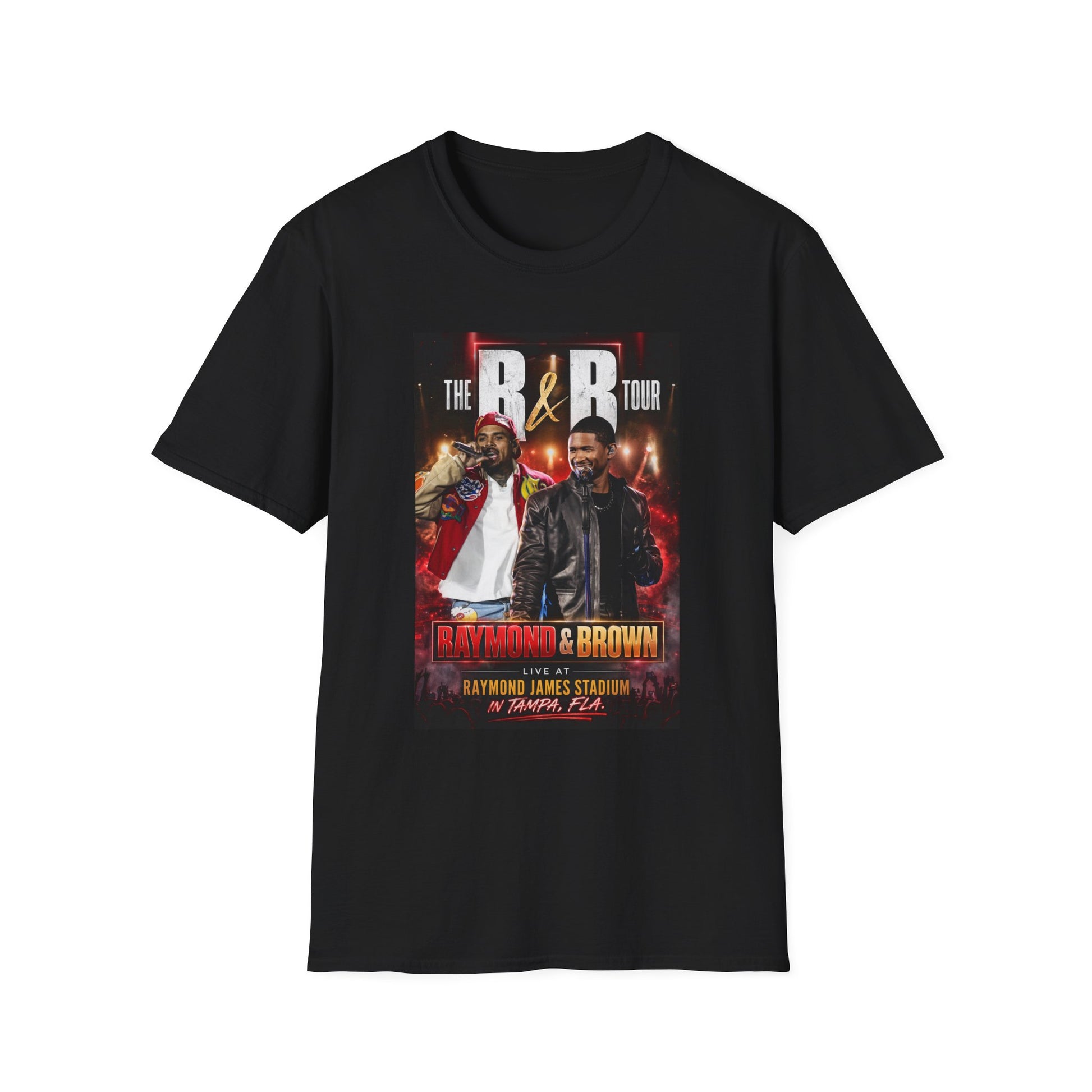 R&B Tour Raymond & Brown Tampa concert t-shirt featuring two male R&B performers with neon stage lighting, bold urban streetwear design, and premium fan merch for Tampa concert attendees
