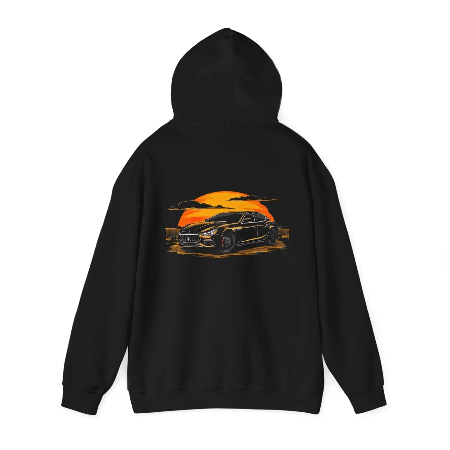 Sundown Elegance: Maserati Ghibli Sunset Road Black Hoodie - Black Threadz