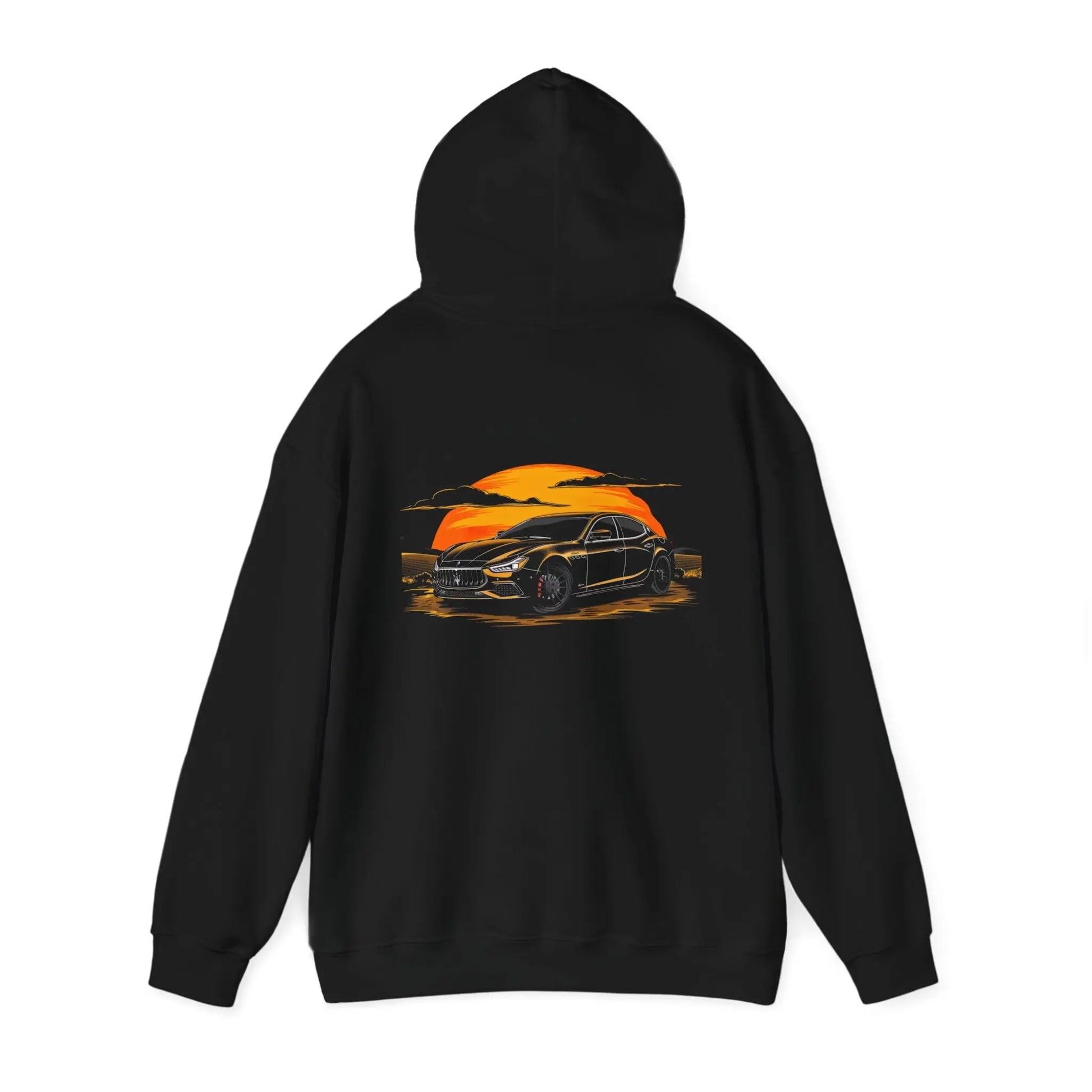 Sundown Elegance: Maserati Ghibli Sunset Road Black Hoodie - Black Threadz