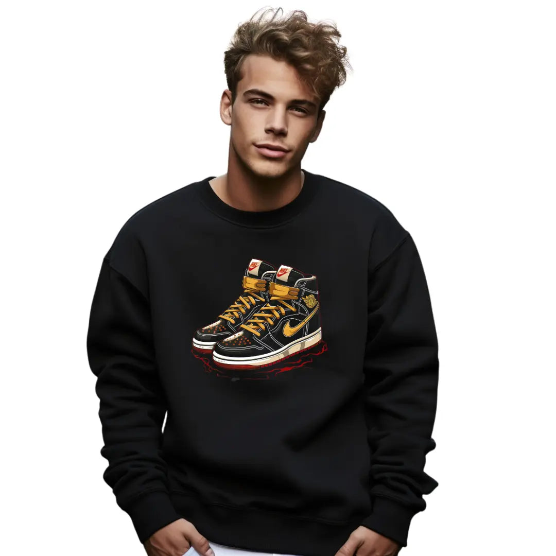 Retro Air Jordan Gold & Black Sneaker Sweatshirt: Fusion of Style and Iconic Design - Black Threadz