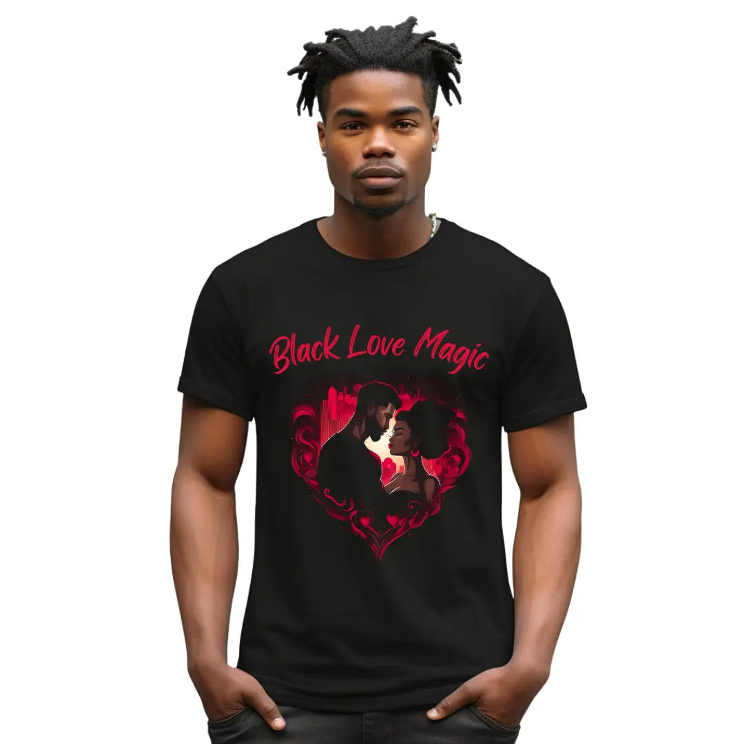 Black Love Magic: Embraced Black Couple Valentine's Day T-Shirt for a Magical Celebration - Black Threadz