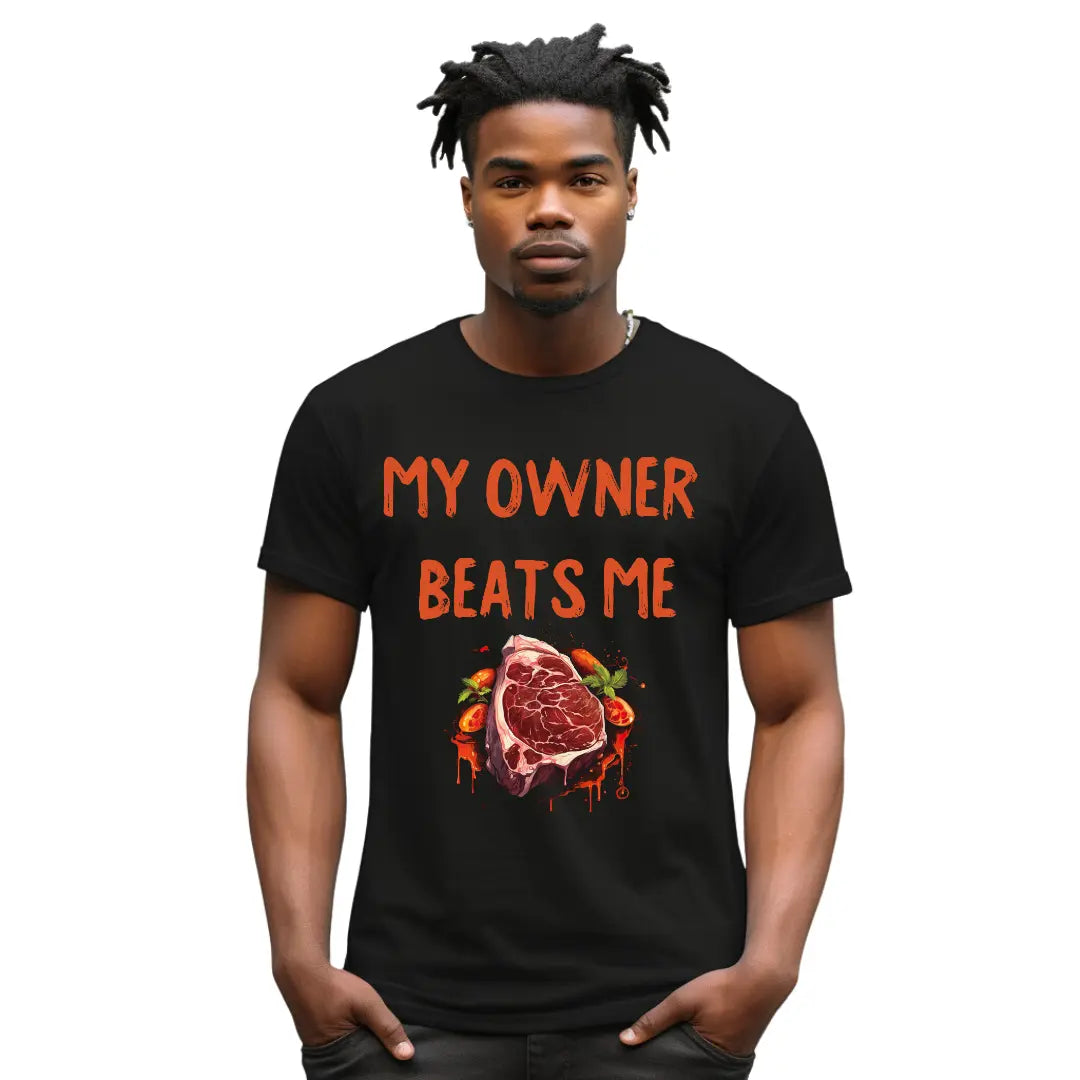 Funny T-Shirt: 'My OwnerBeats Me' T-shirt - Black Threadz