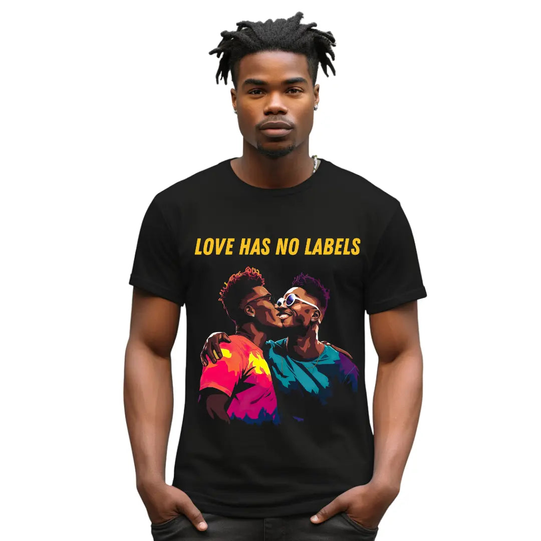 Love Has No Labels: Embraced Black Gay Couple T-Shirt - Black Threadz