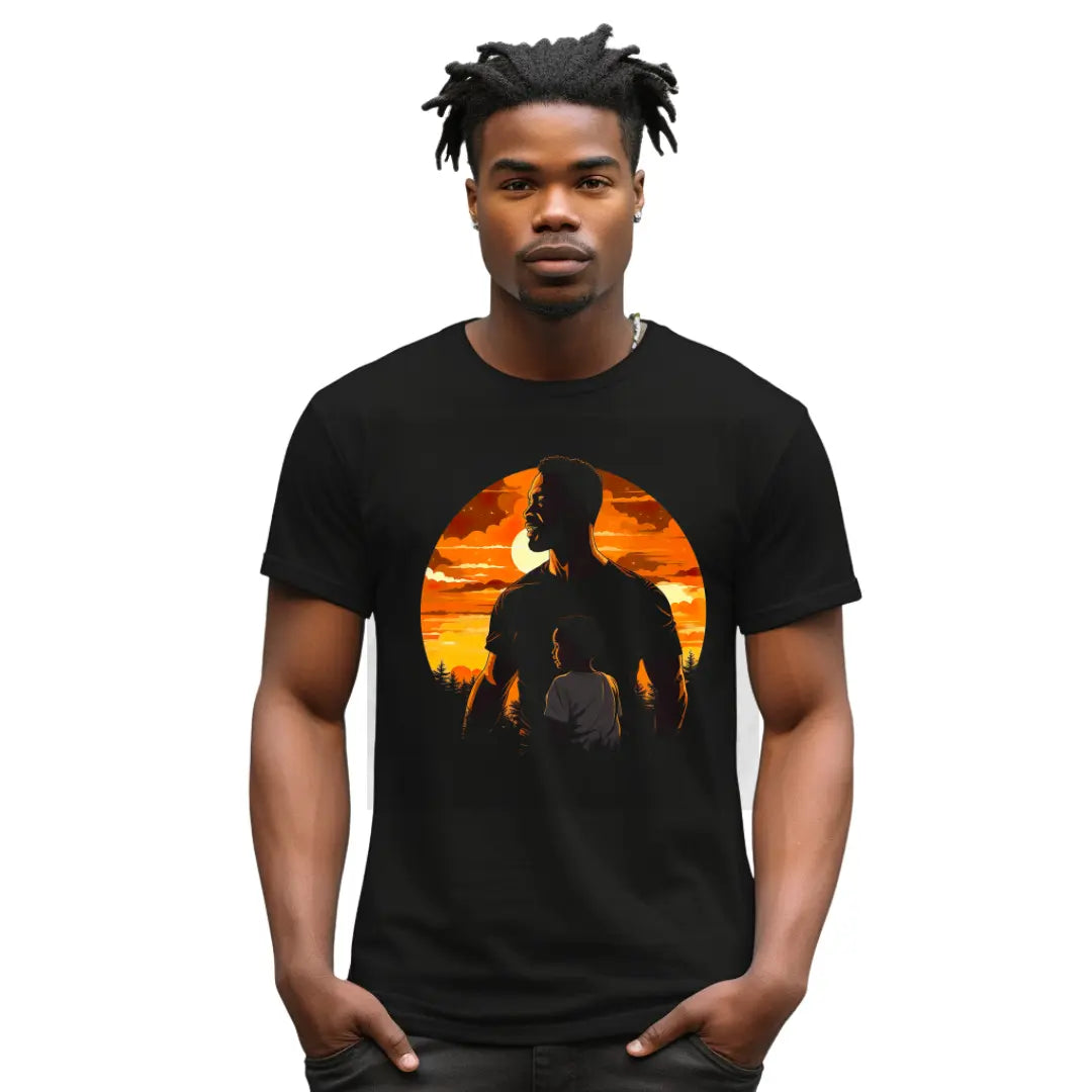 Heartwarming Silhouette: Black Father and Son Sunset Graphic Tee - Black Threadz