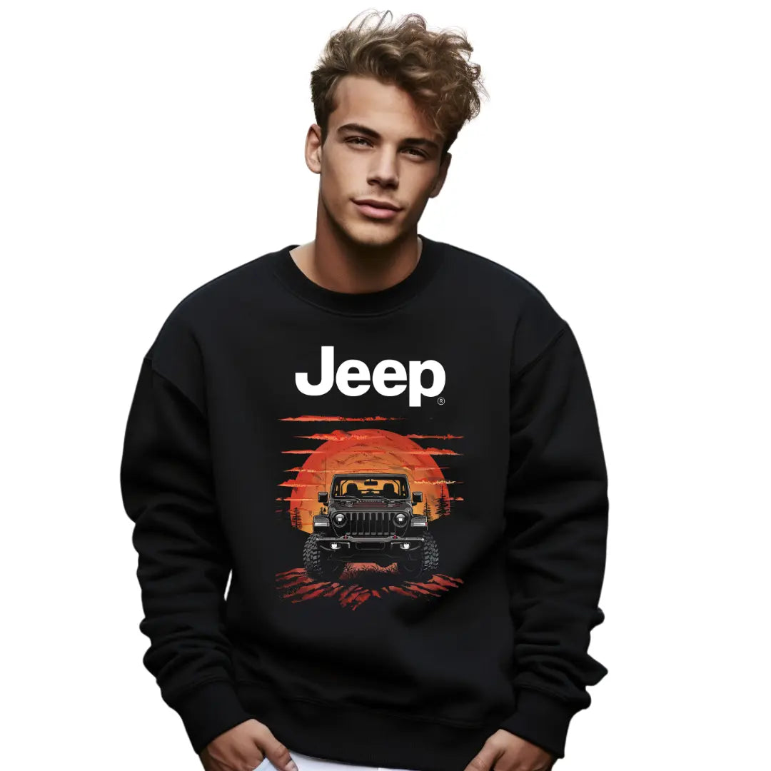 Jeep Classic Wrangler Sunset Silhouette T-Shirt - Premium Black Tee with Iconic Off-Road Vehicle Design - Black Threadz