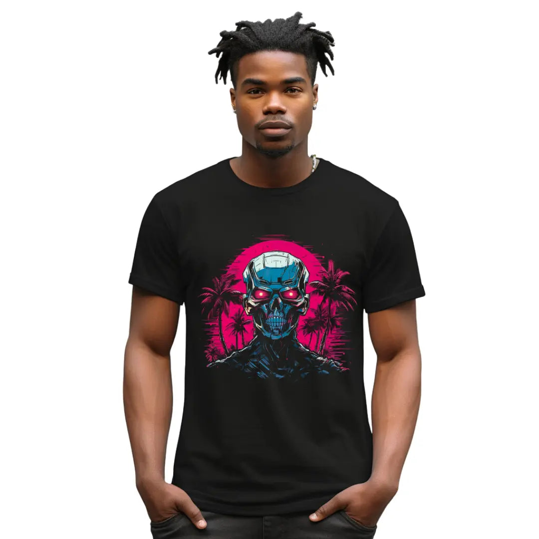 Evil Robot in Paradise T-Shirt: A Dystopian Twist on Paradise - Black Threadz