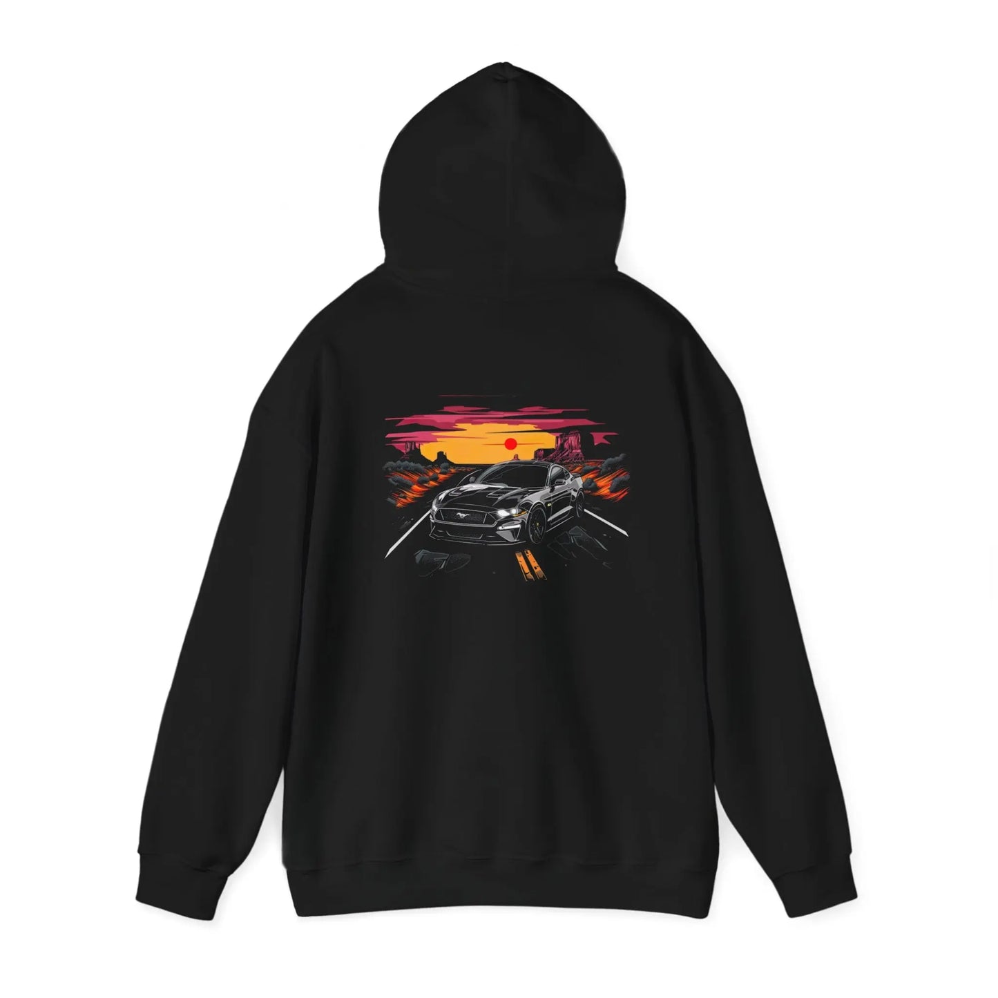 Iconic Drive: Black Ford Mustang Roadside Black Hoodie - Black Threadz