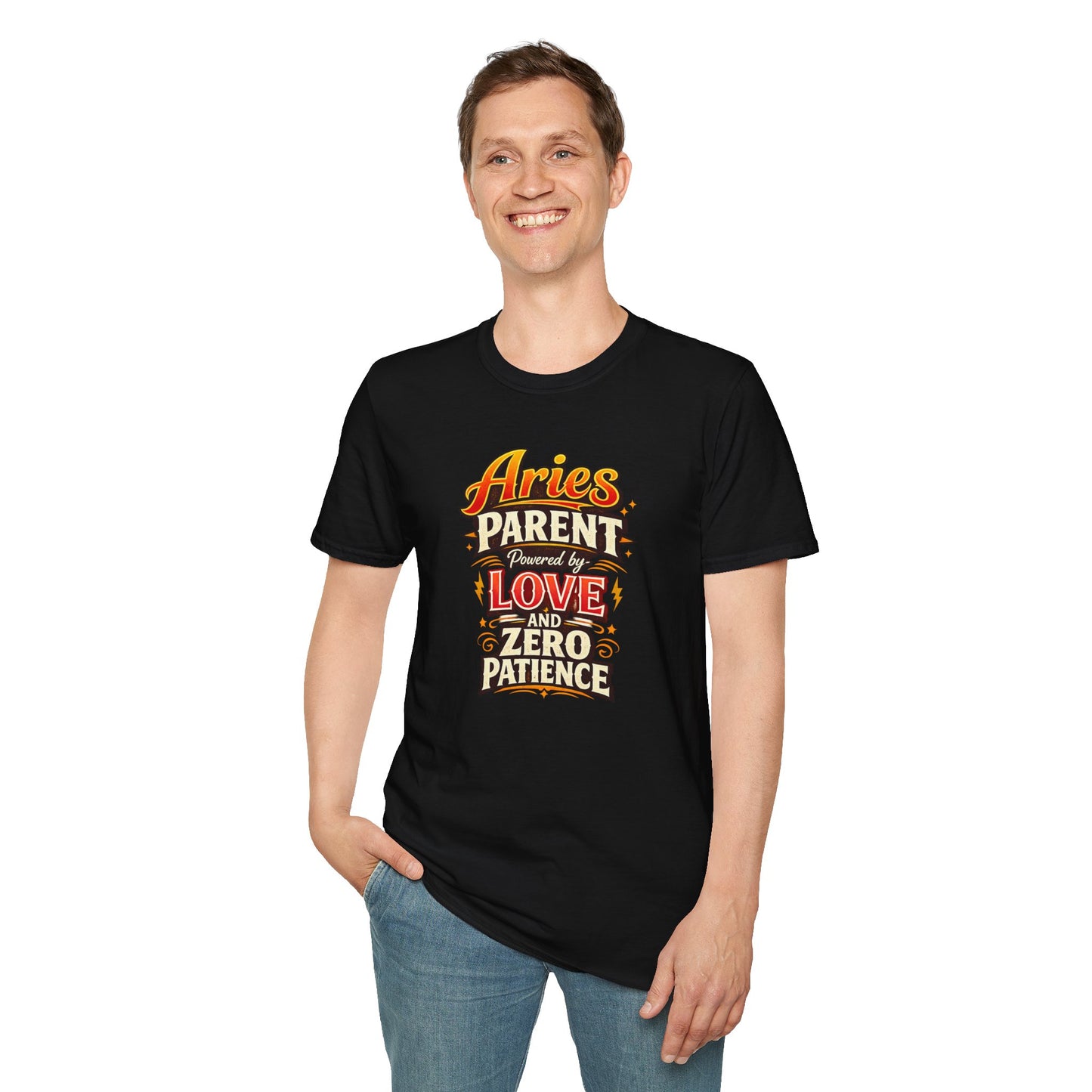 Aries Parent T-Shirt – Powered by Love & Zero Patience Funny Zodiac Mom Dad Tee | Bold Aries Personality Shirt | Astrology Gift
