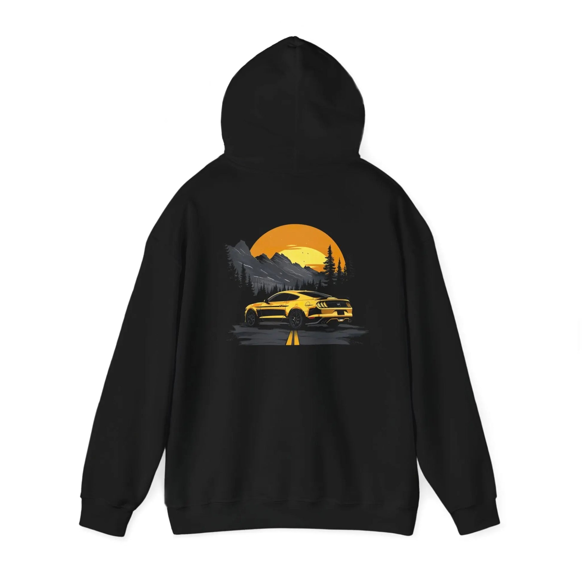 Sleek Style: Yellow Ford Mustang Roadside Black Hoodie - Black Threadz