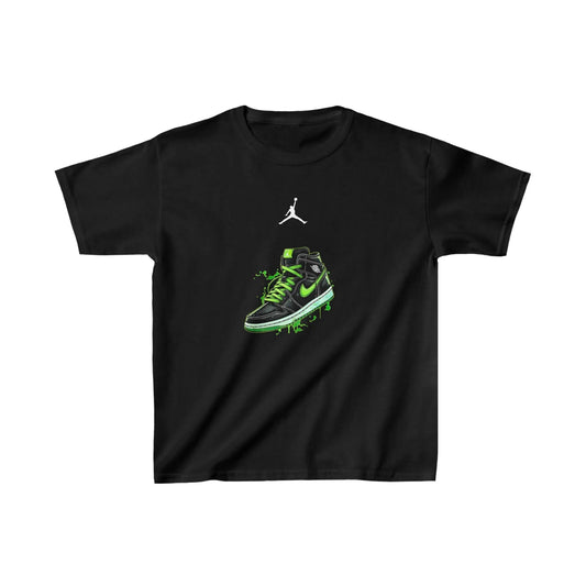 "Kids Retro Air Jordan Black T-Shirt: Sneaker Tees with Green and Black Shoes | Air Jordan Gifts for Kids - Black Threadz