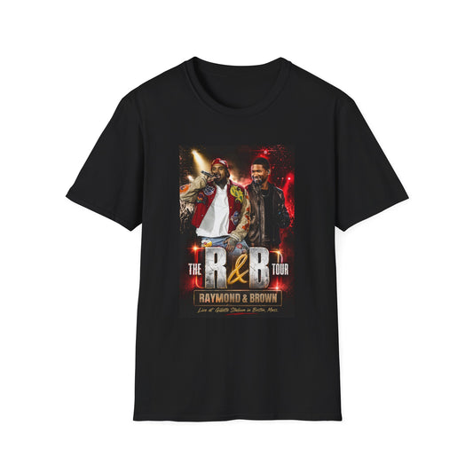 R&B Tour Raymond & Brown Birmingham Alabama concert t-shirt featuring two male R&B performers with neon stage lighting, bold urban streetwear design, and premium fan merch for Birmingham concert attendees