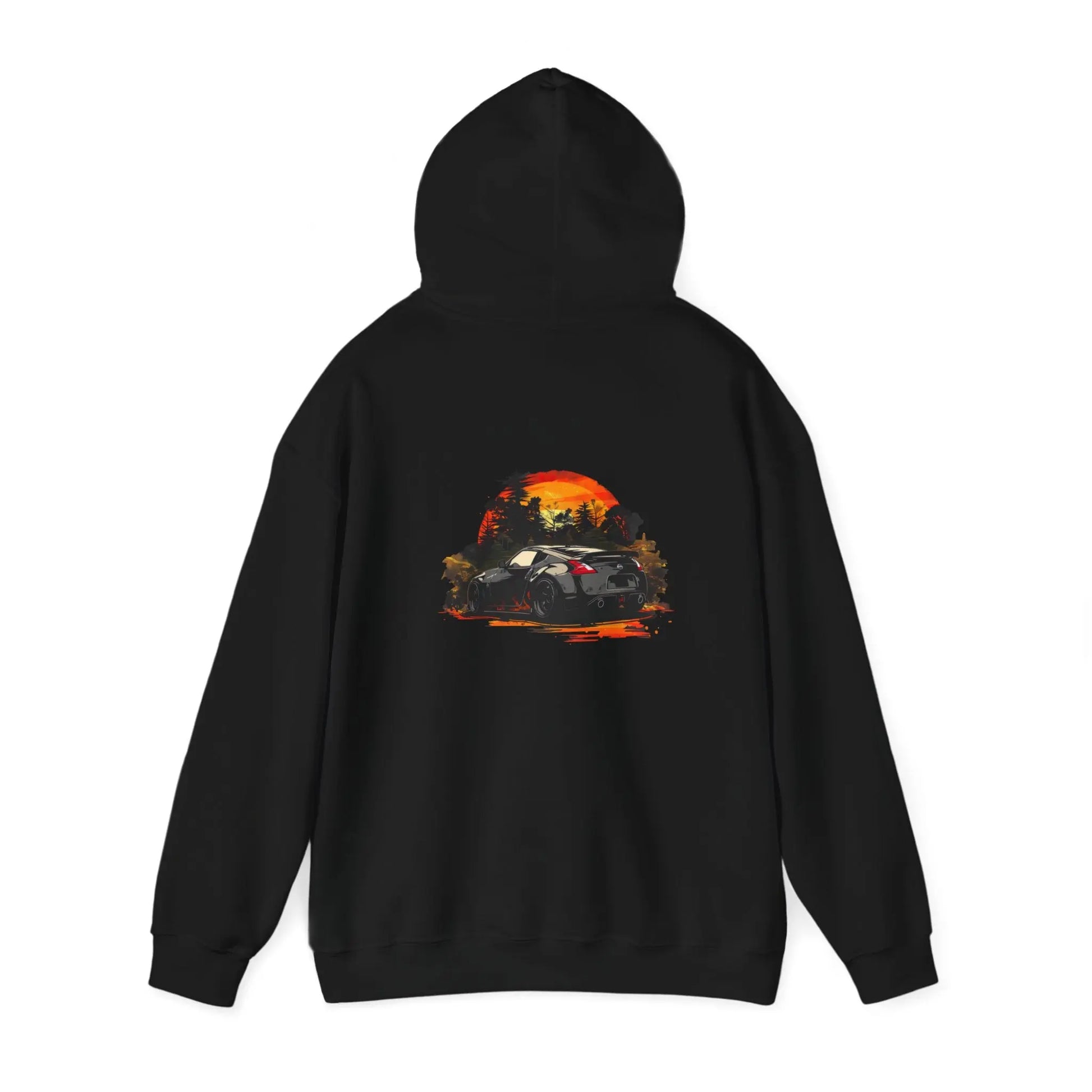 Sunset Serenity: Nissan 370 in a Field Black Hoodie - Black Threadz