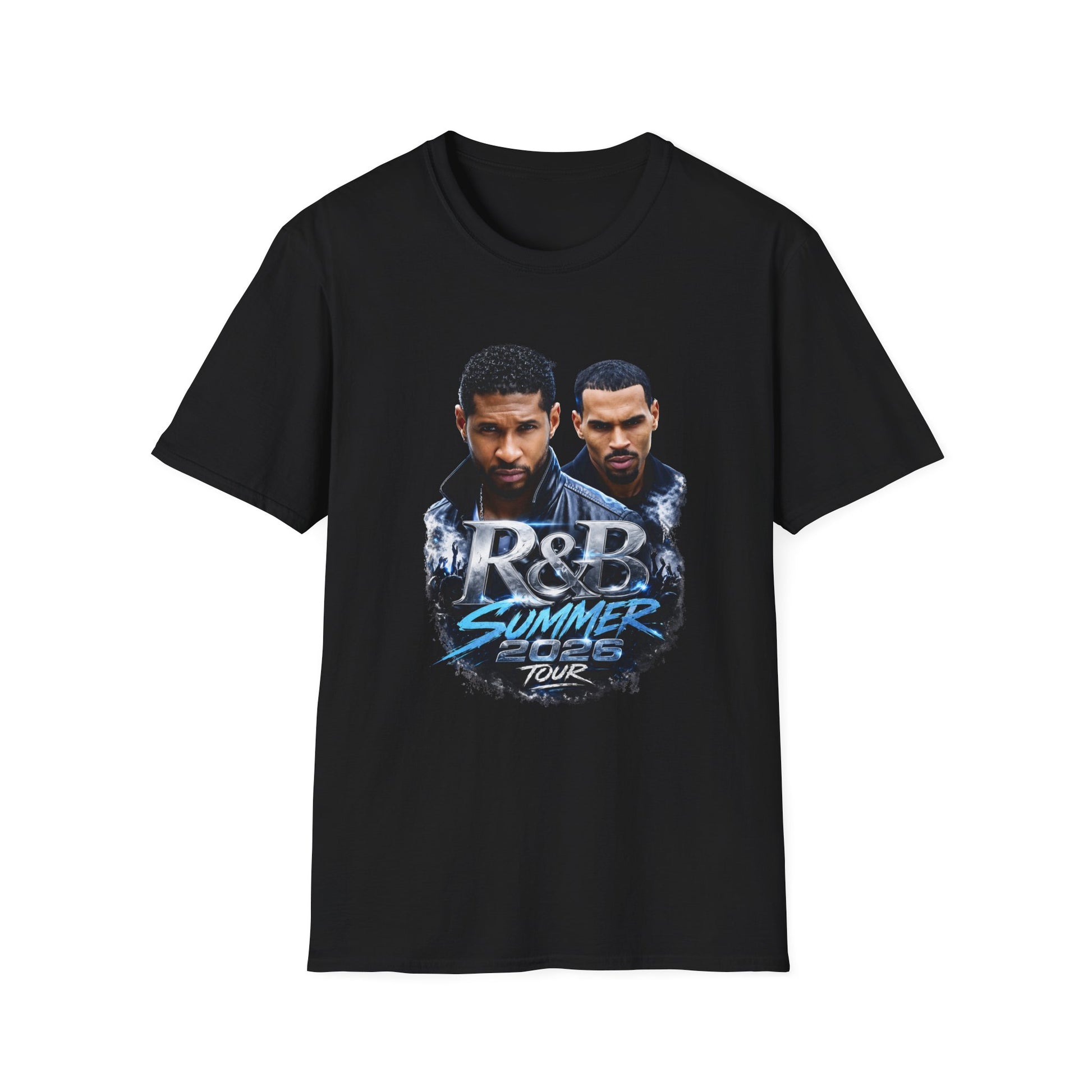 Premium R&B Tour Raymond & Brown concert t-shirt featuring two male R&B performers with neon stage lighting, urban streetwear design, bold “The R&B Tour” typography, perfect fan merch for live music concert outfit