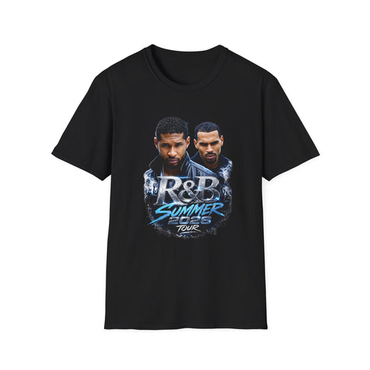 Premium R&B Tour Raymond & Brown concert t-shirt featuring two male R&B performers with neon stage lighting, urban streetwear design, bold “The R&B Tour” typography, perfect fan merch for live music concert outfit