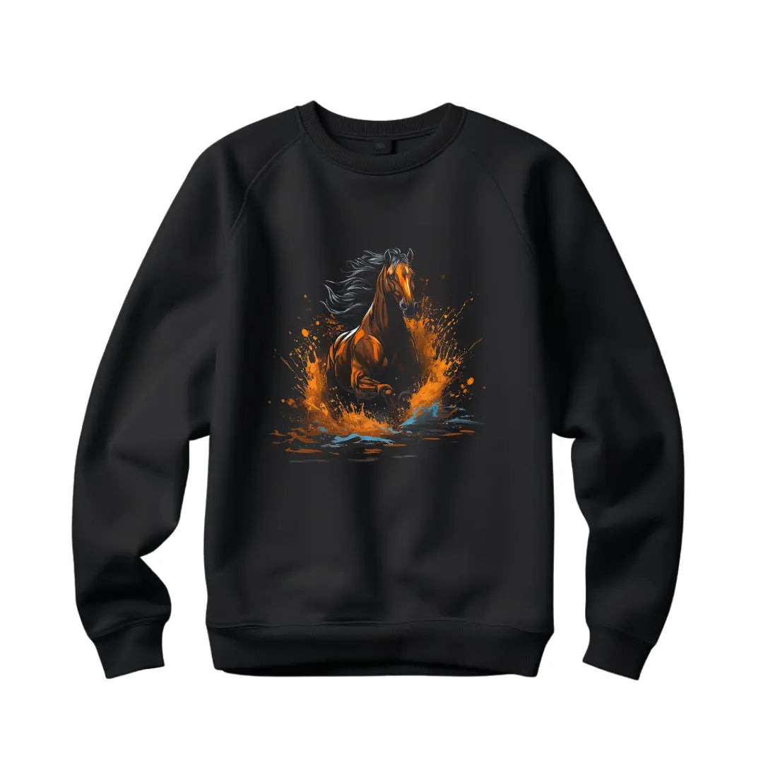 Horse Running Through Water Sweatshirt: Embrace Majestic Beauty in Motion - Black Threadz