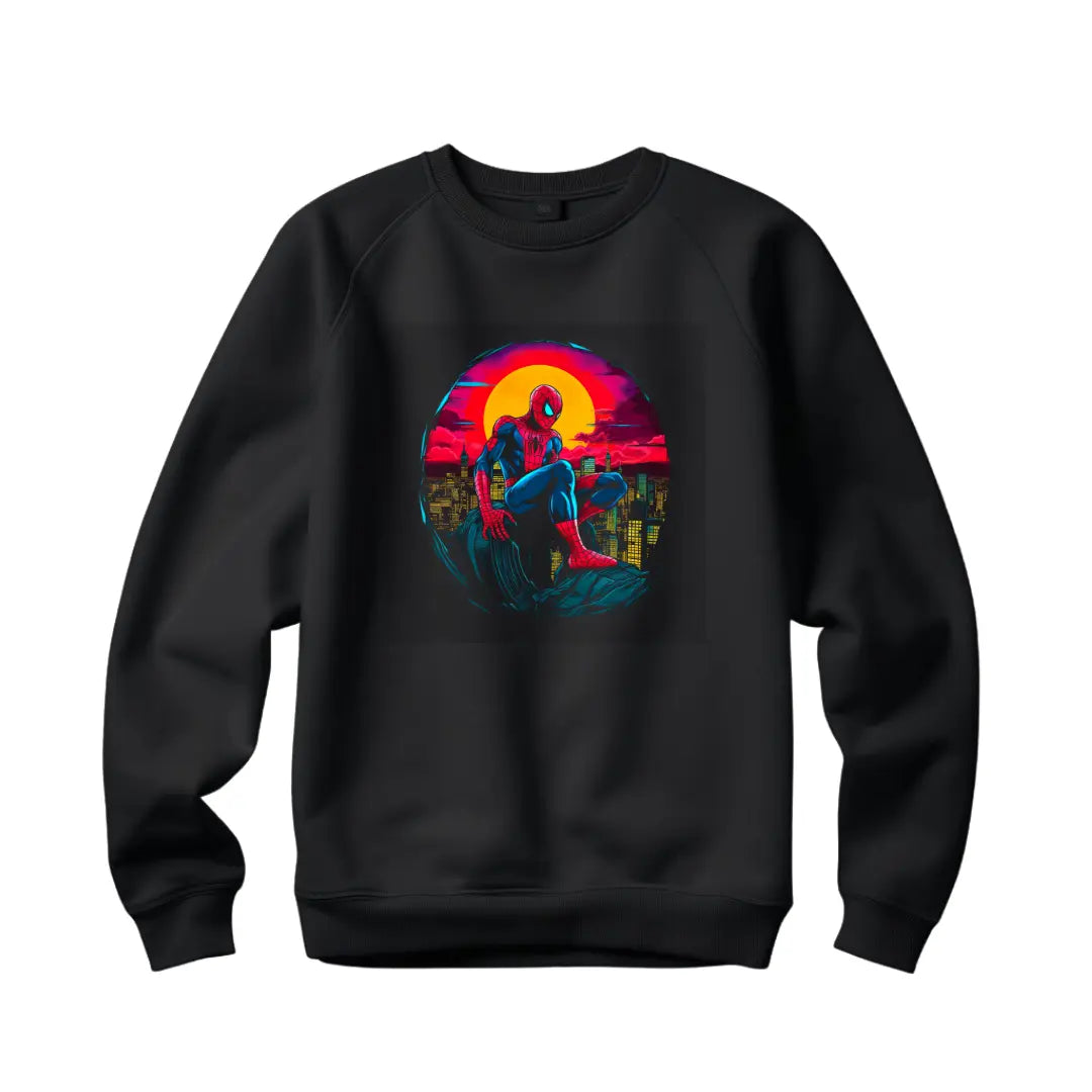 Spiderman Cityscape Sunset Sweatshirt: Embrace Heroic Views - Black Threadz