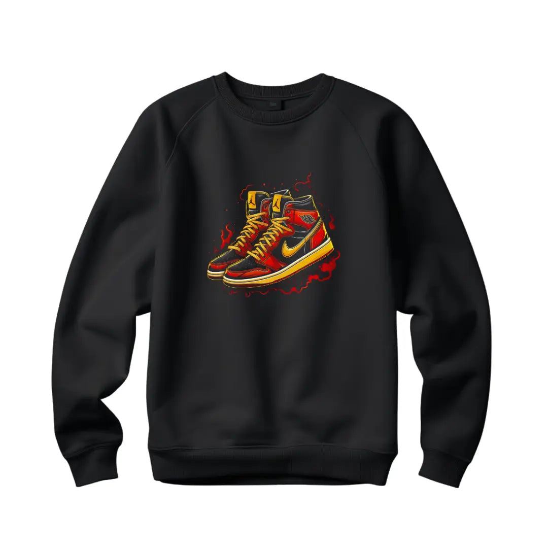 Retro Air Jordan Red, Gold & Black Sneaker Sweatshirt: Fusion of Style and Iconic Design - Black Threadz