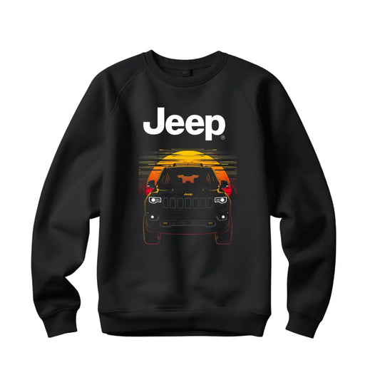 Grand Cherokee Sunset Silhouette Premium Black Sweatshirt with Iconic Off-Road Vehicle Design" - Black Threadz