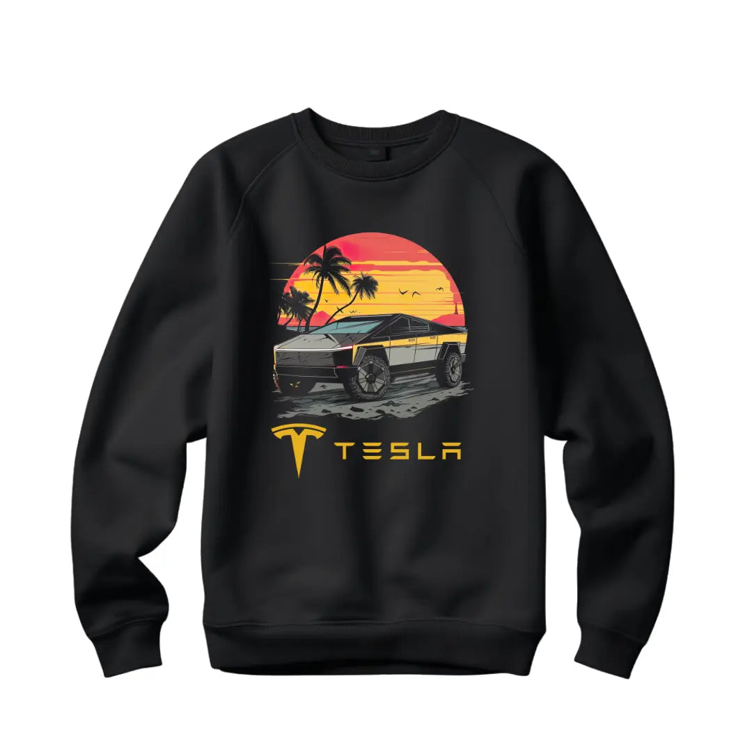 Cybertruck Cityscape Sweatshirt - Premium Black Top with Electric Vehicle Design - Black Threadz