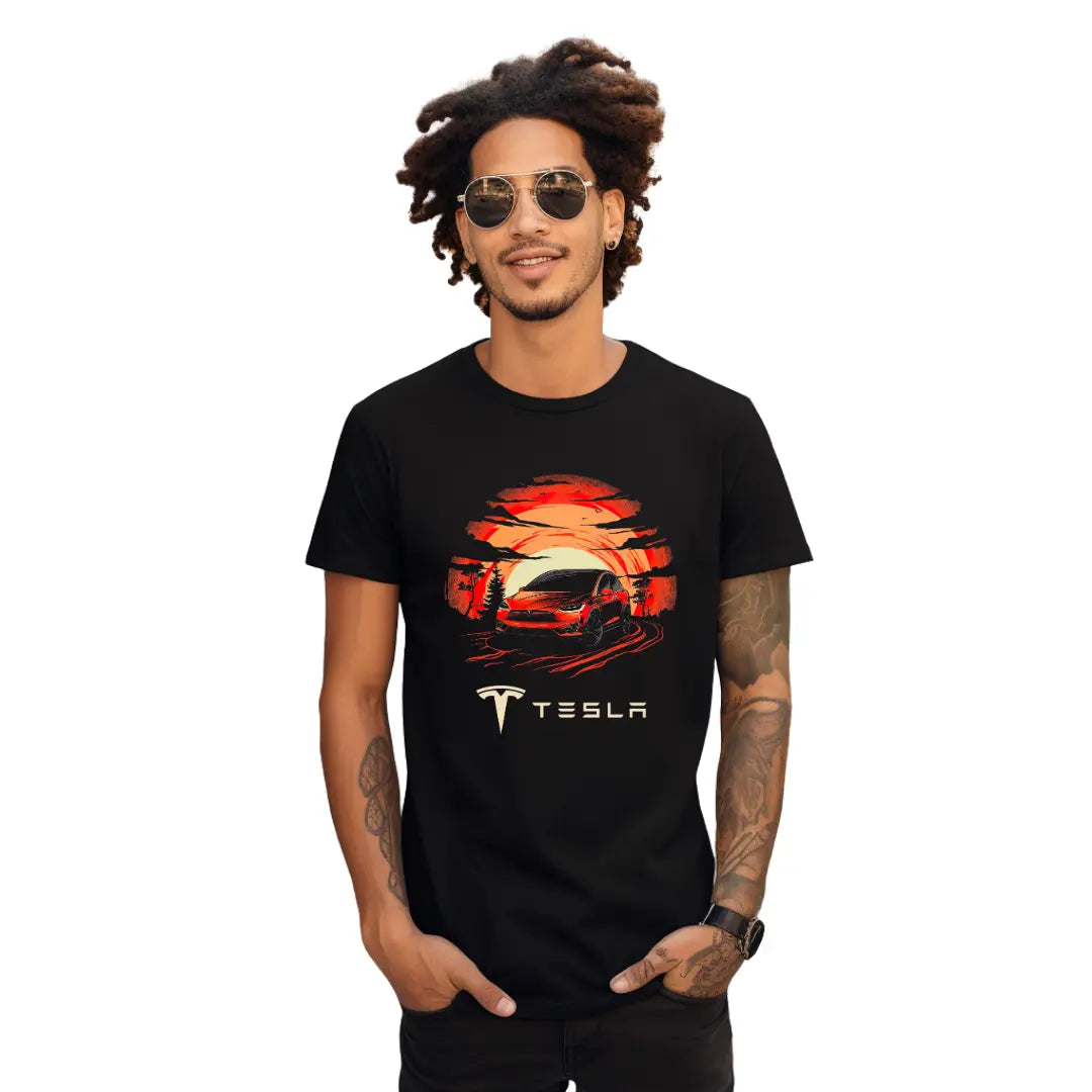 Sleek Style: Red Tesla Model X on Road Black T-Shirt - Perfect for Enthusiasts! - Black Threadz