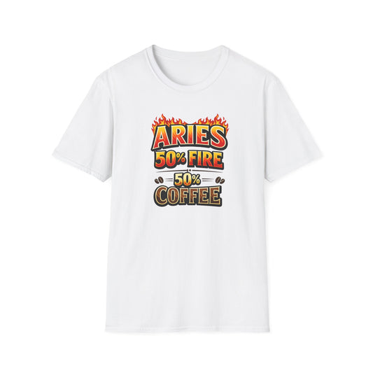Aries 50% Fire 50% Coffee T-Shirt – Funny Aries Zodiac Coffee Lover Shirt, Astrology Graphic Tee, Aries Birthday Gift for Men & Women