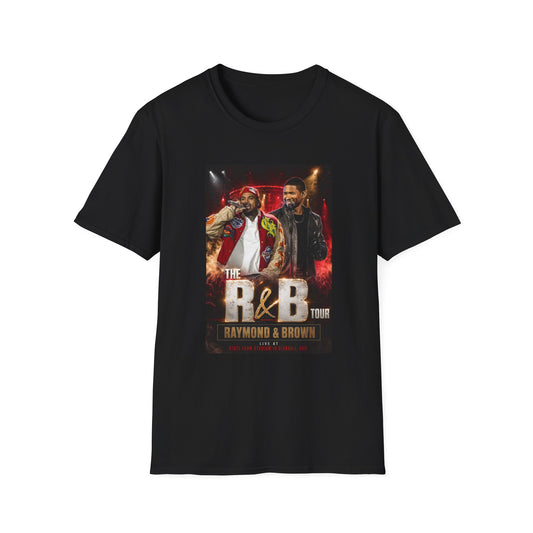 R&B Tour Raymond & Brown Phoenix Arizona concert t-shirt featuring two male R&B performers with neon stage lighting, bold urban streetwear design, and premium fan merch for Phoenix concert attendees