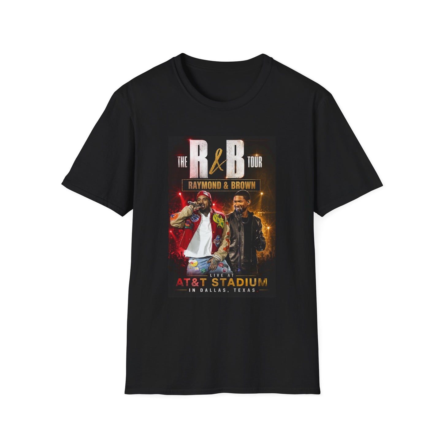 R&B Tour Raymond & Brown Dallas concert t-shirt featuring two male R&B performers with neon stage lighting, bold urban streetwear design, and premium fan merch for Dallas concert attendees