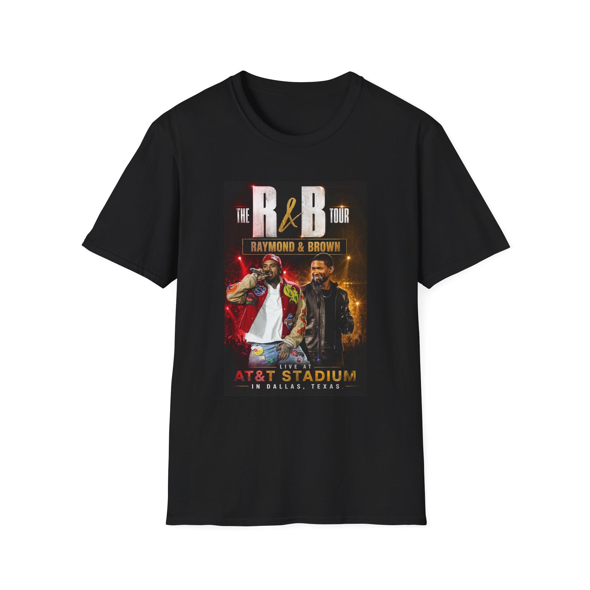 R&B Tour Raymond & Brown Dallas concert t-shirt featuring two male R&B performers with neon stage lighting, bold urban streetwear design, and premium fan merch for Dallas concert attendees