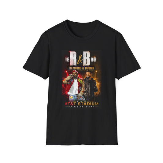 R&B Tour Raymond & Brown Dallas concert t-shirt featuring two male R&B performers with neon stage lighting, bold urban streetwear design, and premium fan merch for Dallas concert attendees