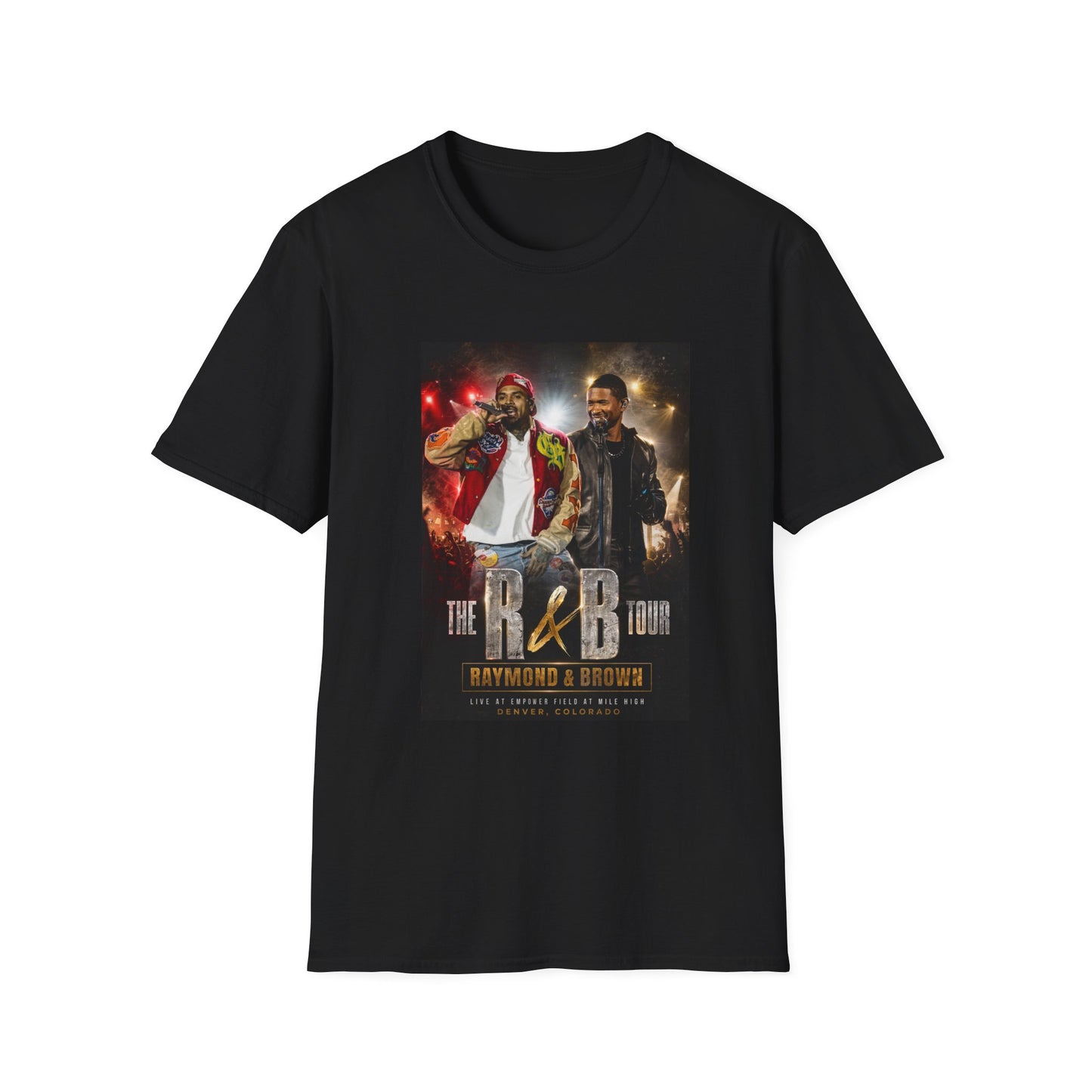 R&B Tour Raymond & Brown Denver Colorado concert t-shirt featuring two male R&B performers with neon stage lighting, bold urban streetwear design, and premium fan merch for Denver concert attendees
