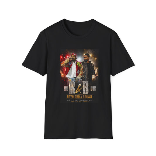 R&B Tour Raymond & Brown Denver Colorado concert t-shirt featuring two male R&B performers with neon stage lighting, bold urban streetwear design, and premium fan merch for Denver concert attendees