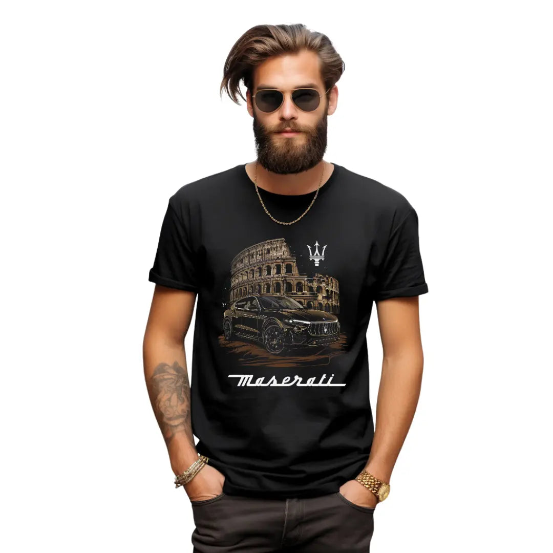 Sophisticated Italian Style: Black Maserati Levante Colosseum Black T-Shirt - Black Threadz
