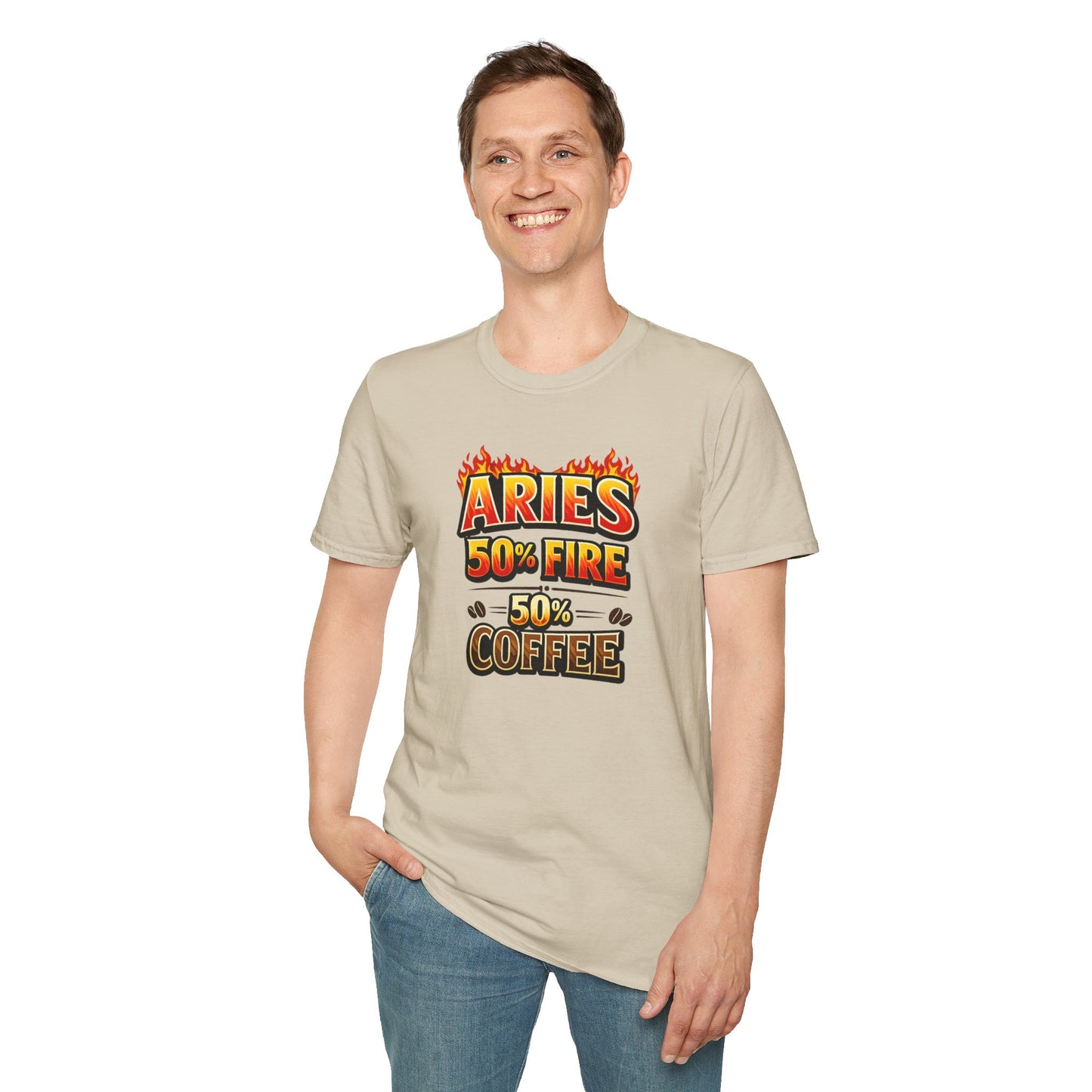 Aries 50% Fire 50% Coffee T-Shirt – Funny Aries Zodiac Coffee Lover Shirt, Astrology Graphic Tee, Aries Birthday Gift for Men & Women