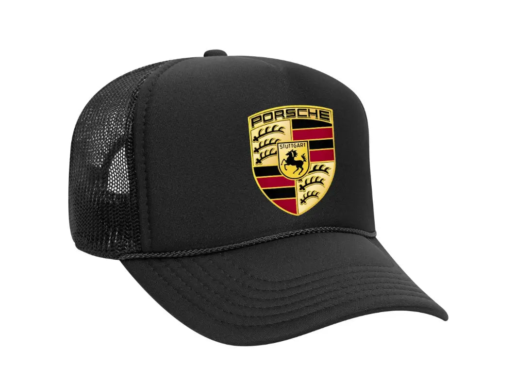 Speed and Style: Porsche Black Trucker Snapback Hat - Black Threadz